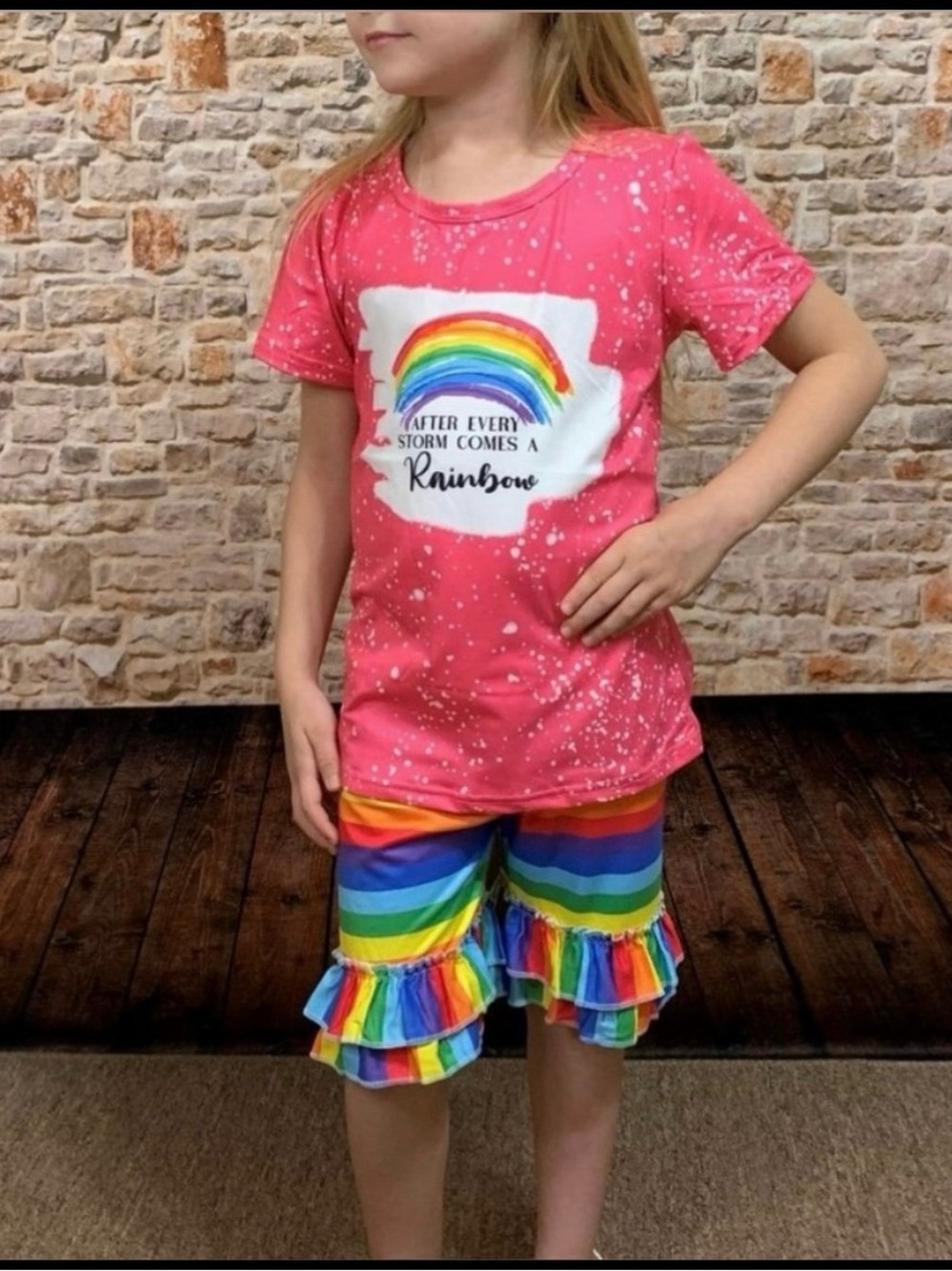 NEW Boutique Girl’s Rainbow 2PC Top and Ruffle Shorts Matching Set